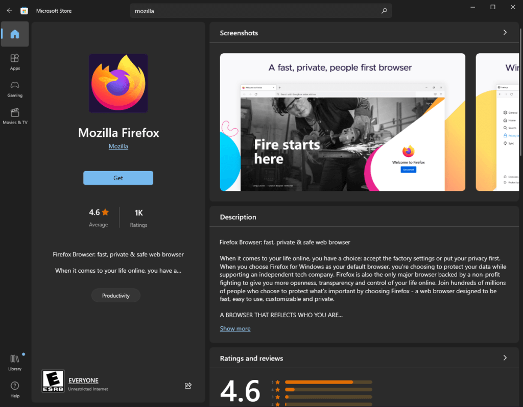 Mozilla Firefox in Microsoft Store